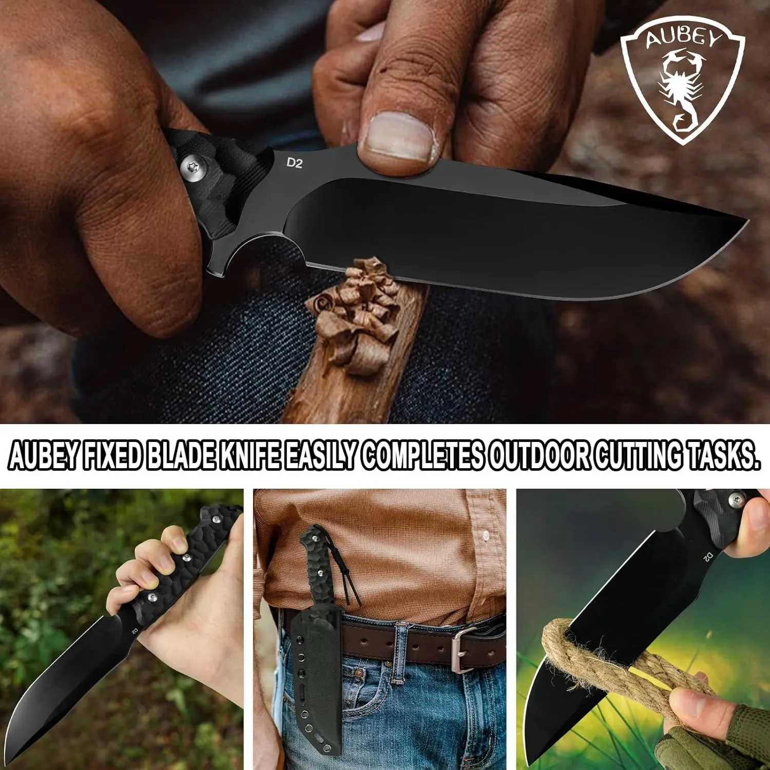 AUBEY Outdoor Survival Knife with Fixed 10.6" D2 Black Titanium Coated Blade, G10 Handle & Full Tang - Includes Kydex Sheath for Hunting & Camping