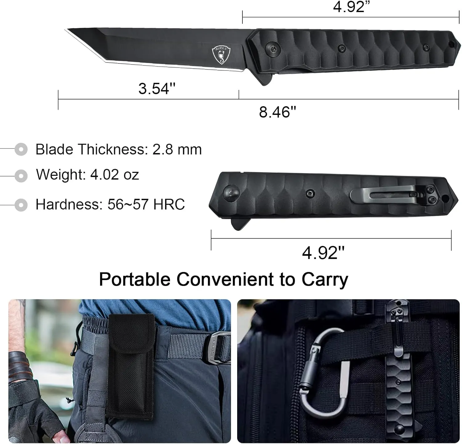 AUBEY Tanto Blade EDC Knife, 440 Steel Pocket Folding Knife with Liner Lock, Clip, Aluminum Handle and Glass Breaker, Nice Gift for Men Women (Black)
