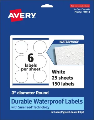 Avery Durable Waterproof Round Labels, Sure Feed Technology, Print-to-The-Edge, 3" Diameter, 150 Total, Oil and Tear-Resistant, Waterproof, Laser/Pigment-Based Inkjet Printable