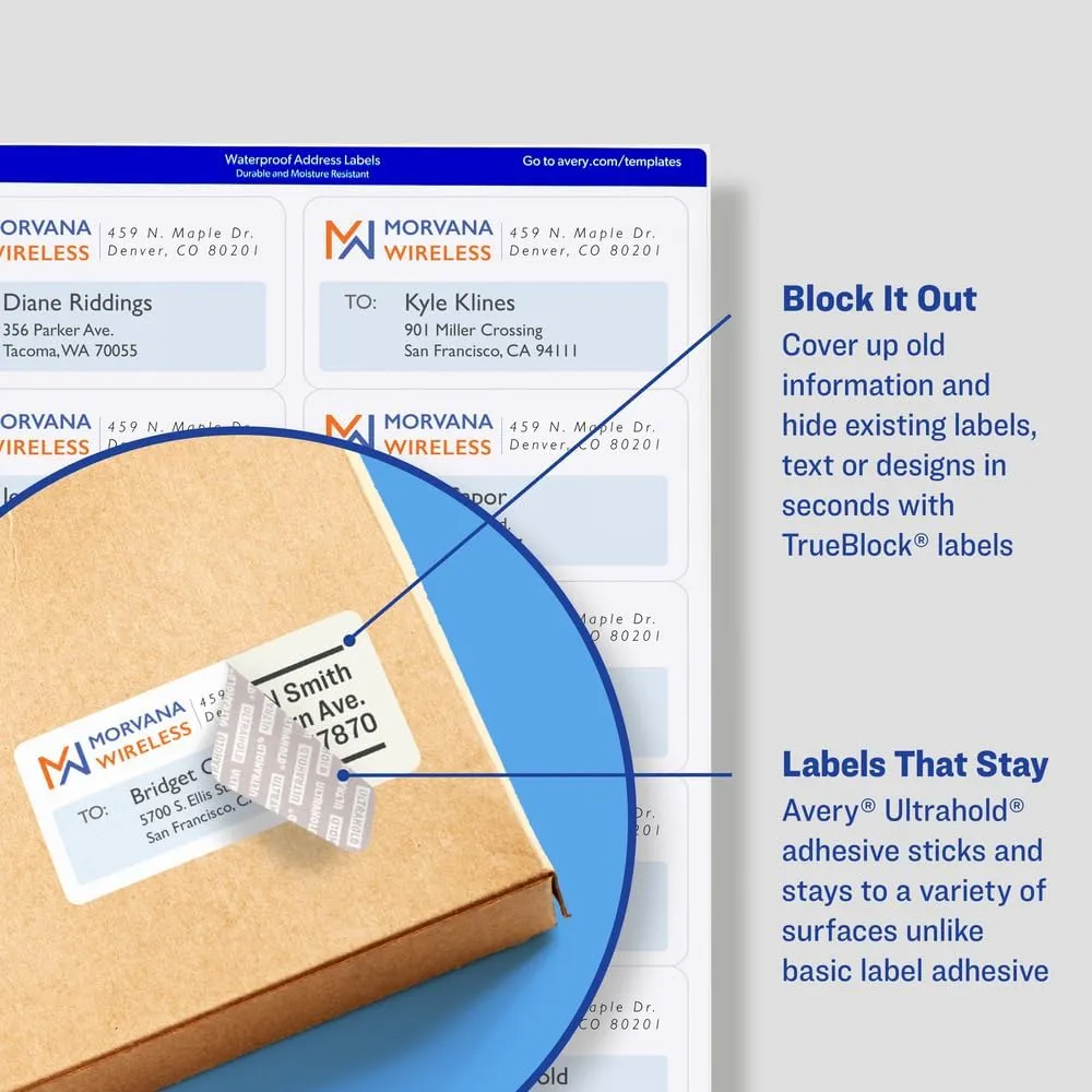 Avery Waterproof Labels with Ultrahold Adhesive, 2" x 4", Case of 5,000 Labels for Laser Printers (95523)