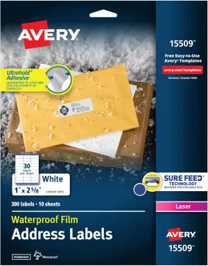 Avery Waterproof Printable Address Labels with Sure Feed, 1" x 2-5/8", White, Ultrahold Permanent Adhesive, Laser Printers, 300 Blank Mailing Labels, Great for Mailing, Branding, and More (15509)