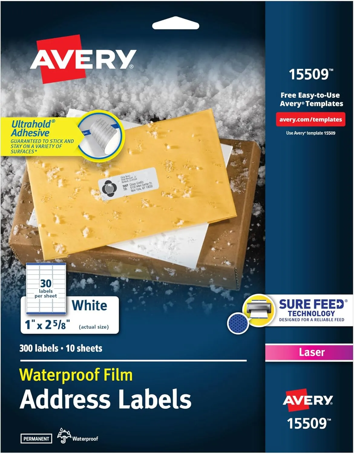 Avery Waterproof Printable Address Labels with Sure Feed, 1" x 2-5/8", White, Ultrahold Permanent Adhesive, Laser Printers, 300 Blank Mailing Labels, Great for Mailing, Branding, and More (15509)