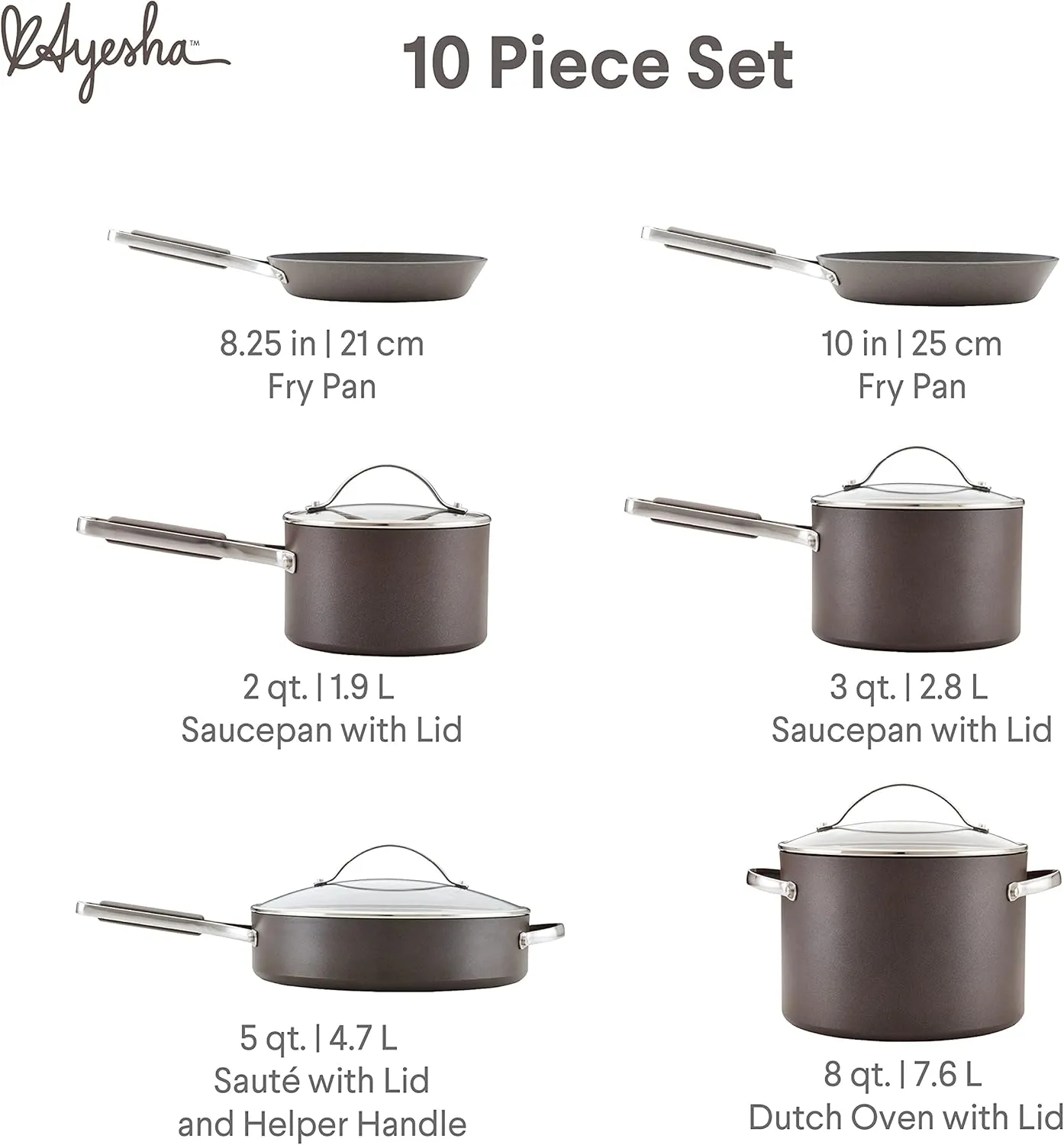 Ayesha Curry Kitchenware Professional Hard Anodized Nonstick Cookware Pots and Pans Set, 10 Piece, Charcoal