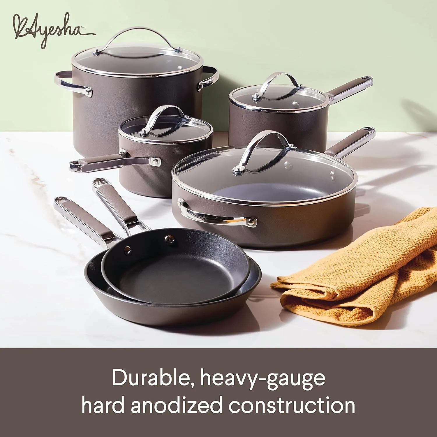 Ayesha Curry Kitchenware Professional Hard Anodized Nonstick Cookware Pots and Pans Set, 10 Piece, Charcoal