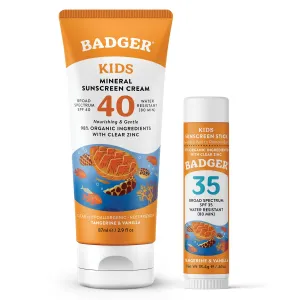 Badger Kids Mineral Sunscreen Combo, SPF 40 Cream   SPF 35 Kids Face Stick, Organic Sunscreens w/Mineral Zinc Oxide, Water Resistant, Reef Safe Broad Spectrum, Tangerine & Vanilla Scent, 2-Pack