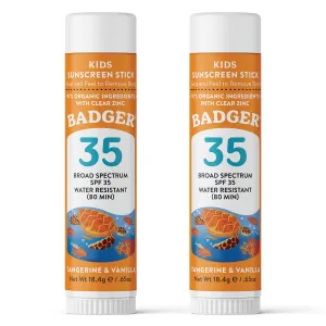 Badger Mineral Kids Sunscreen Face Stick SPF 35, Zinc Oxide Travel Size Sunscreen Stick for Kids, 97% Organic Ingredients, Reef Safe, Water Resistant, .65 oz, 2-Pack