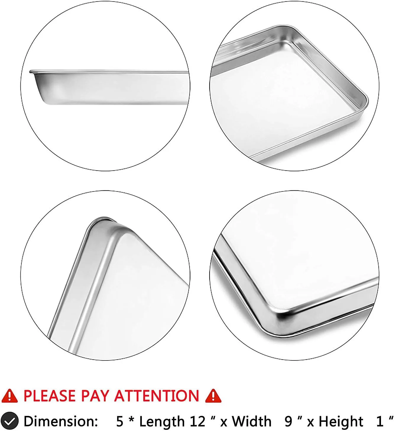 Baking Sheets 5 Pieces, Bastwe Cookie Sheets Set of 5 Stainless Steel Baking Pans Toaster Oven Tray Pans, Rectangle Size 12 × 9 × 1 inch, Rustproof & Healthy & Easy Clean & Dishwasher Safe