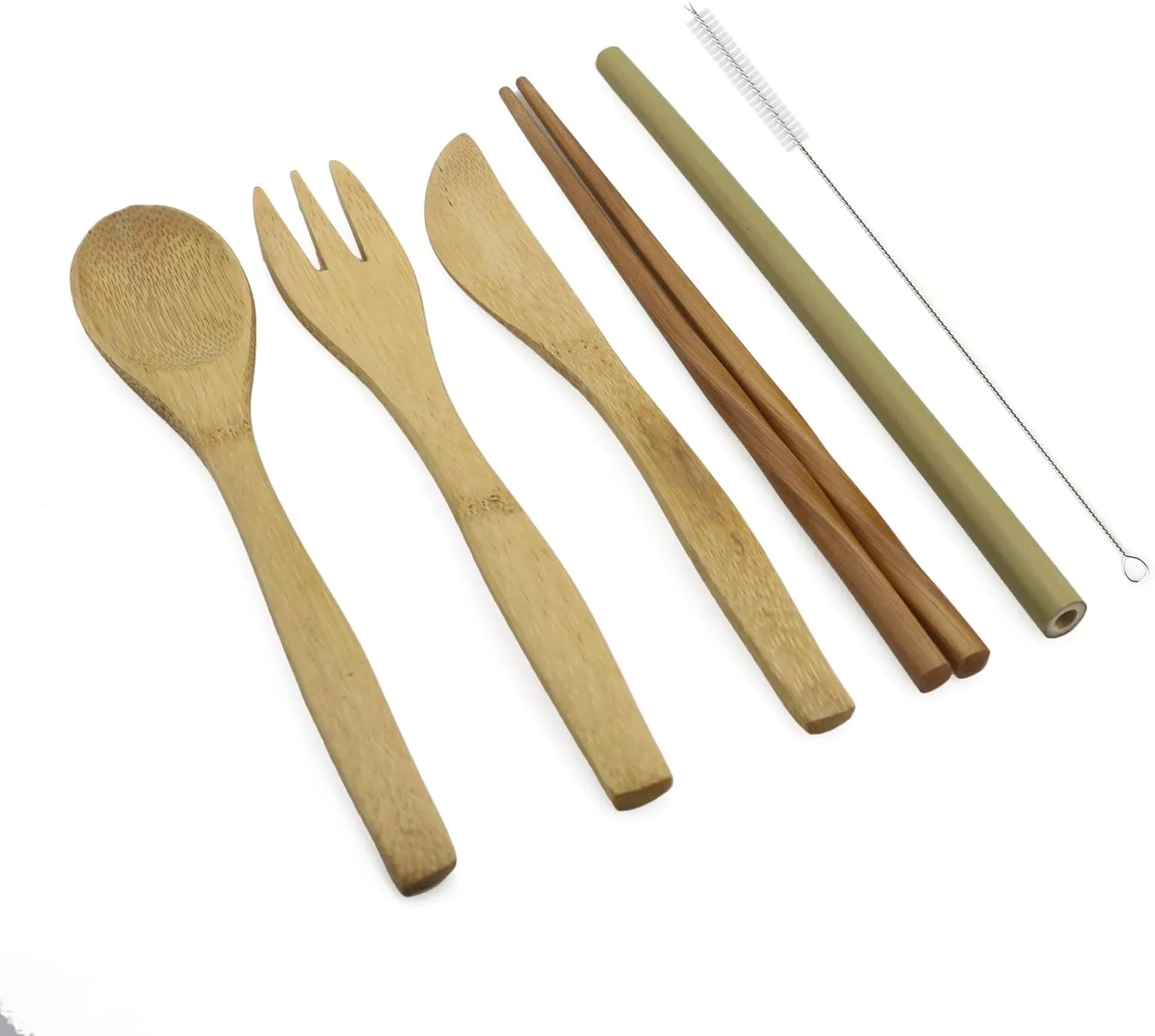 Bamboo Travel Flatware Set, Eco Friendly Knife, Fork, Spoon, Reusable Straws and Chopsticks, Portable Camping Hiking Utensils, Set of 2, Green Bag