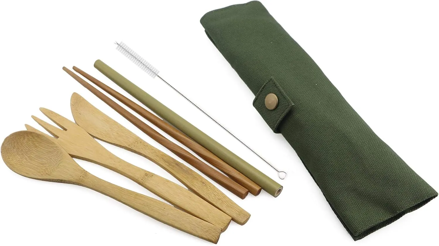 Bamboo Travel Flatware Set, Eco Friendly Knife, Fork, Spoon, Reusable Straws and Chopsticks, Portable Camping Hiking Utensils, Set of 2, Green Bag