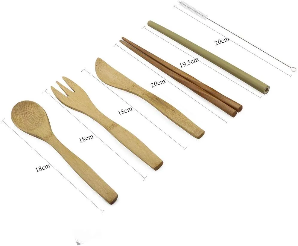 Bamboo Travel Flatware Set, Eco Friendly Knife, Fork, Spoon, Reusable Straws and Chopsticks, Portable Camping Hiking Utensils, Set of 2, Green Bag
