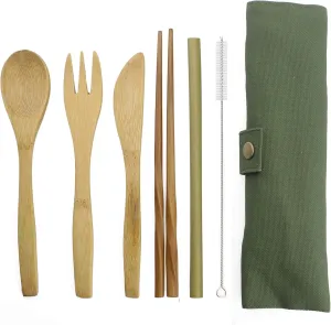 Bamboo Travel Flatware Set, Eco Friendly Knife, Fork, Spoon, Reusable Straws and Chopsticks, Portable Camping Hiking Utensils, Set of 2, Green Bag
