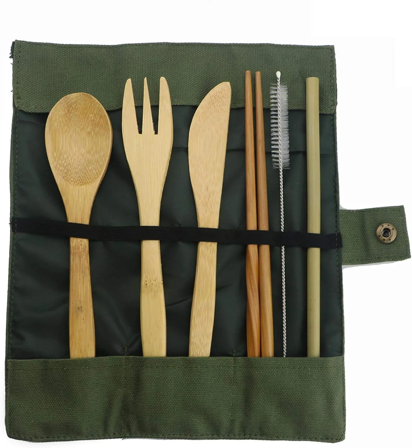 Bamboo Travel Flatware Set, Eco Friendly Knife, Fork, Spoon, Reusable Straws and Chopsticks, Portable Camping Hiking Utensils, Set of 2, Green Bag