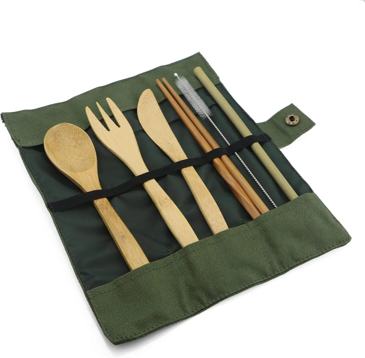 Bamboo Travel Flatware Set, Eco Friendly Knife, Fork, Spoon, Reusable Straws and Chopsticks, Portable Camping Hiking Utensils, Set of 2, Green Bag