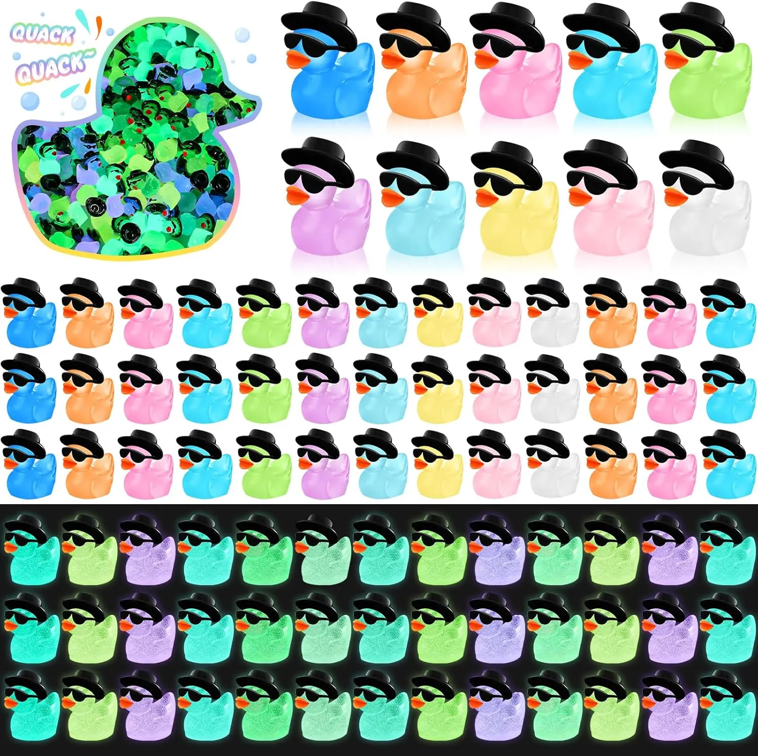 Barydat 200 Pcs Mini Resin Ducks Bulk Glow in The Dark Colorful Tiny Cowboy Duck to Hide Miniature Dollhouse Ornament for Summer Birthday Micro Fairy Landscape Aquarium DIY Craft Cake