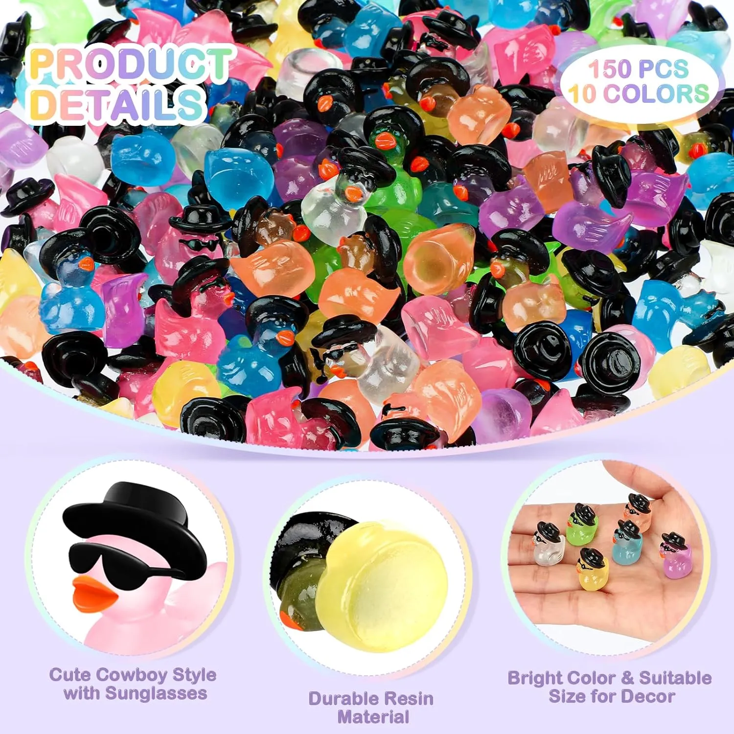 Barydat 200 Pcs Mini Resin Ducks Bulk Glow in The Dark Colorful Tiny Cowboy Duck to Hide Miniature Dollhouse Ornament for Summer Birthday Micro Fairy Landscape Aquarium DIY Craft Cake