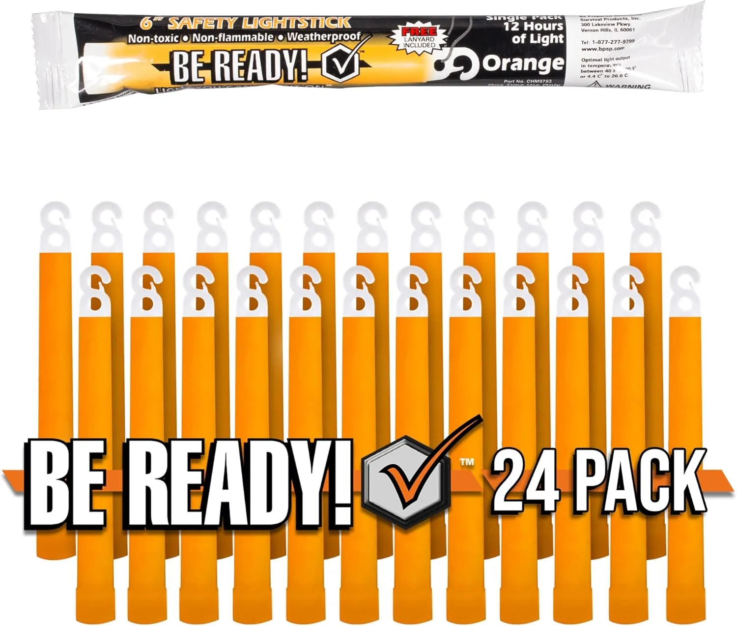 Be Ready - Industrial 12 Hour Illumination Emergency Safety Chemical Light Glow Sticks 24 Pack - Orange