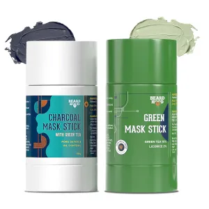 BEARDHOOD Charcoal Face Mask Stick & Green Tea Cleansing Mask Stick For Face | Reduces Blackheads, Whiteheads | Skin Detox, Oil Control | Purifying Solid Clay Detox Mud Mask