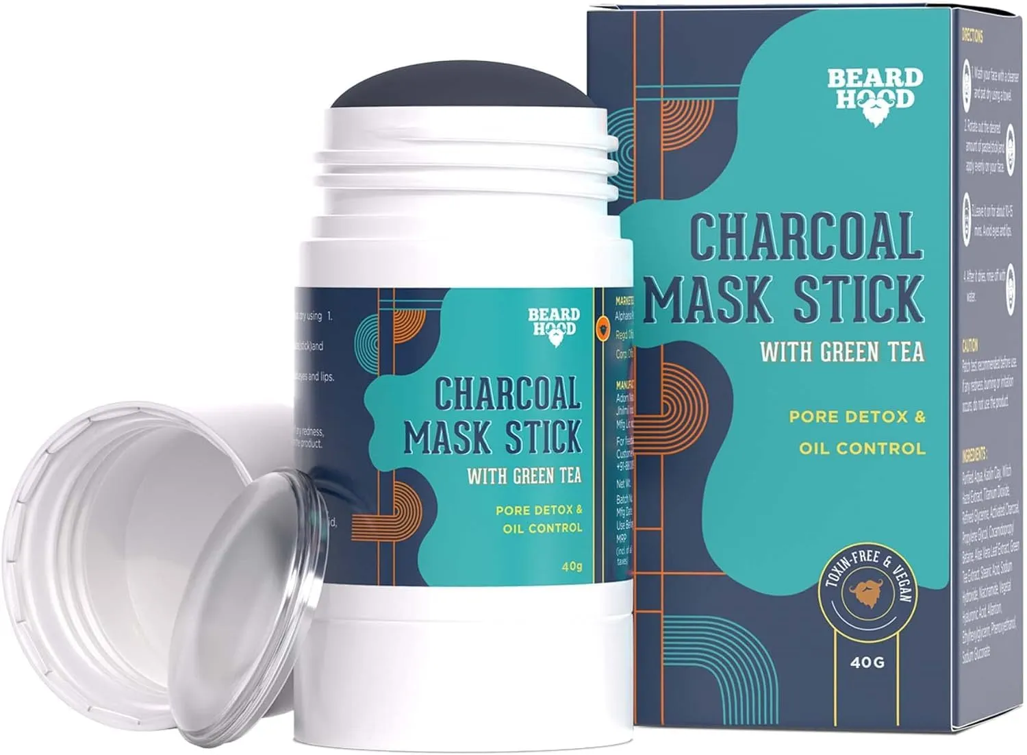 BEARDHOOD Charcoal Mask Stick For Face, 30g | For Blackheads, Oil Control | Purifying Solid Clay Detox Mud Mask with Green Tea Extract