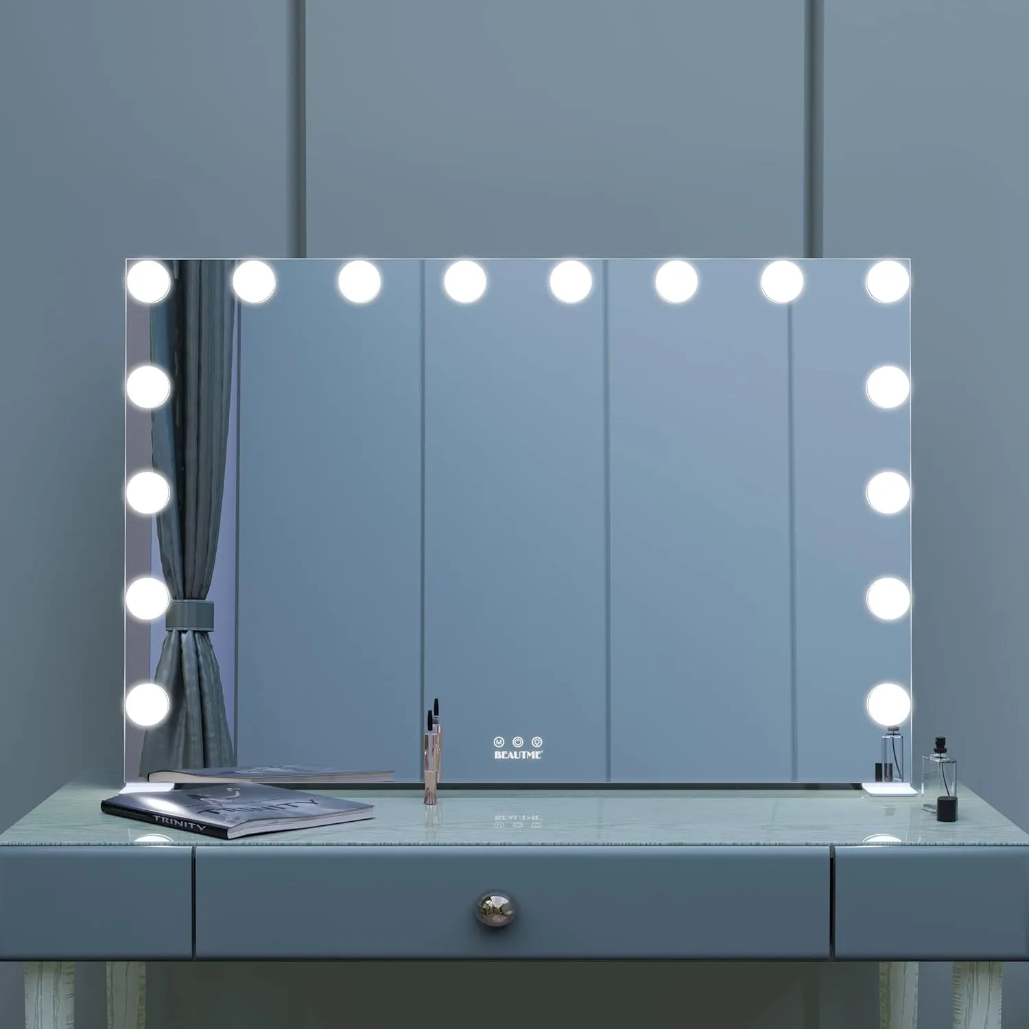 BEAUTME Large Vanity Mirror with Lights, 35.9''×24.3'' Makeup Mirror, Light up Mirror with 16 Dimmable LED Lights and 10X Magnification, 3 Colors Lights Modes, Touch Control, White