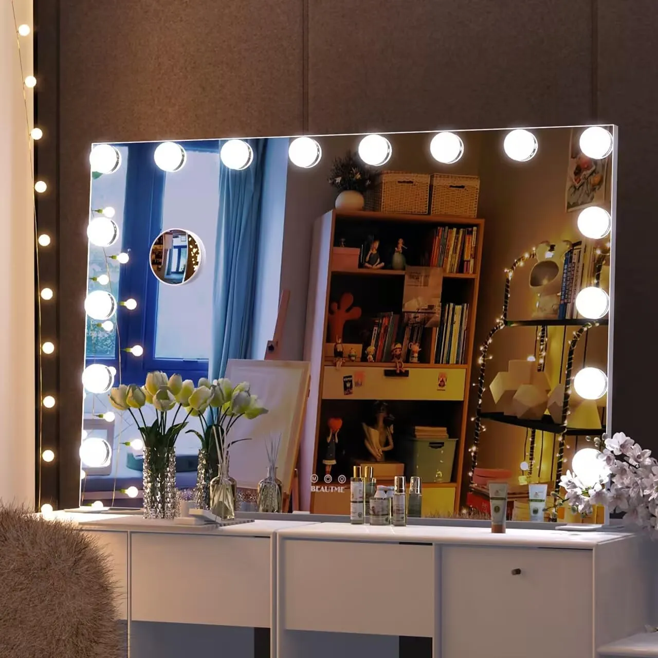 BEAUTME Large Vanity Mirror with Lights, 35.9''×24.3'' Makeup Mirror, Light up Mirror with 16 Dimmable LED Lights and 10X Magnification, 3 Colors Lights Modes, Touch Control, White