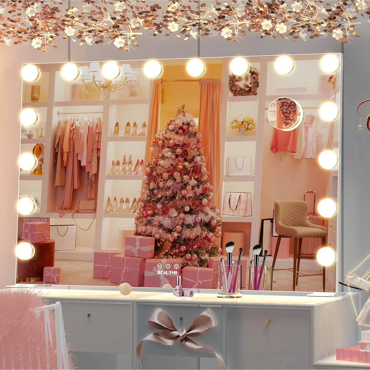 BEAUTME Large Vanity Mirror with Lights, 35.9''×24.3'' Makeup Mirror, Light up Mirror with 16 Dimmable LED Lights and 10X Magnification, 3 Colors Lights Modes, Touch Control, White