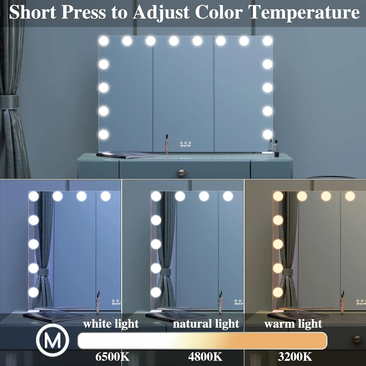 BEAUTME Large Vanity Mirror with Lights, 35.9''×24.3'' Makeup Mirror, Light up Mirror with 16 Dimmable LED Lights and 10X Magnification, 3 Colors Lights Modes, Touch Control, White