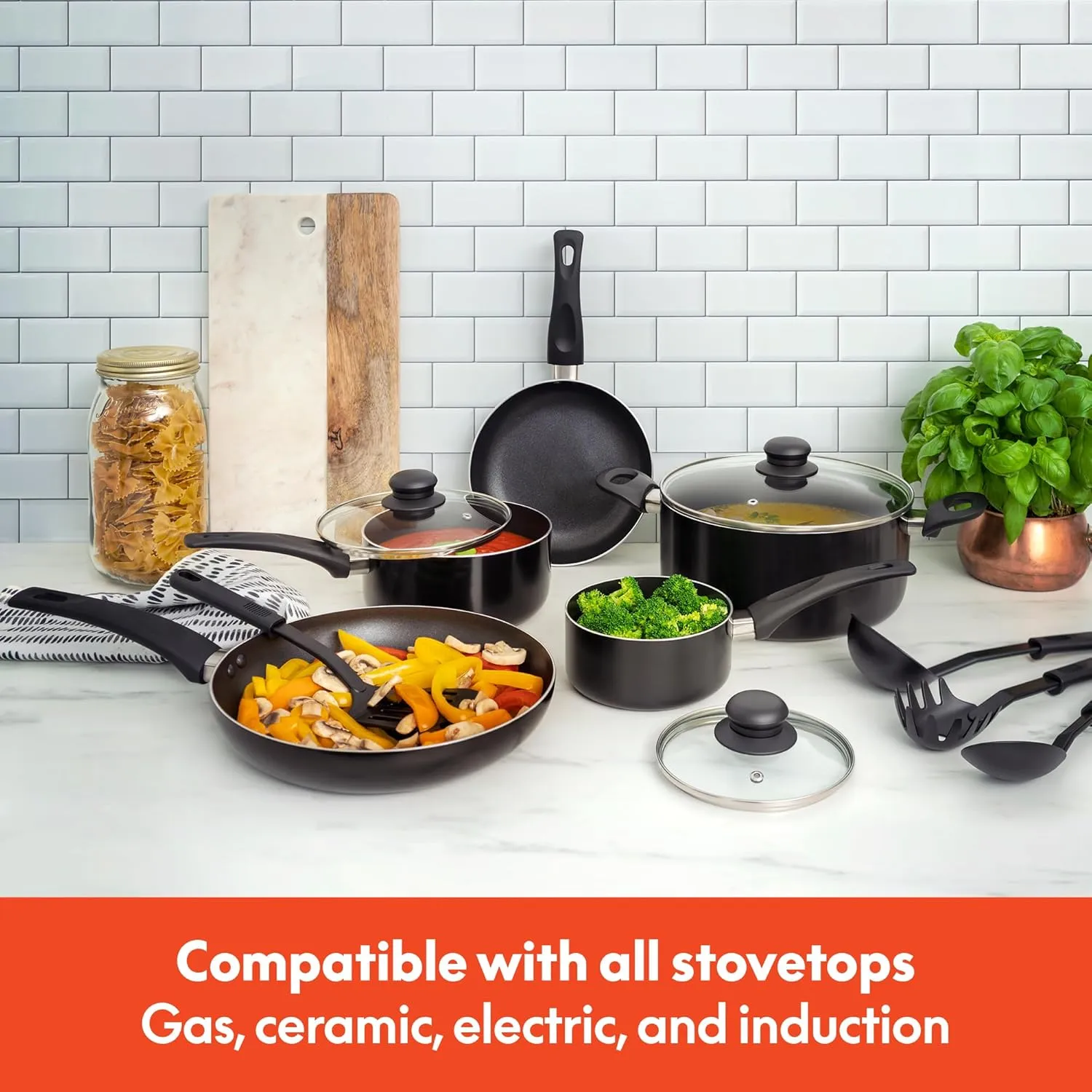 bella Cookware Set, 12 Piece Pots and Pans with Utensils, Nonstick PFOA Free Scratch Resistant Cooking Surface Compatible with All Stoves, Nylon and Aluminum, Black