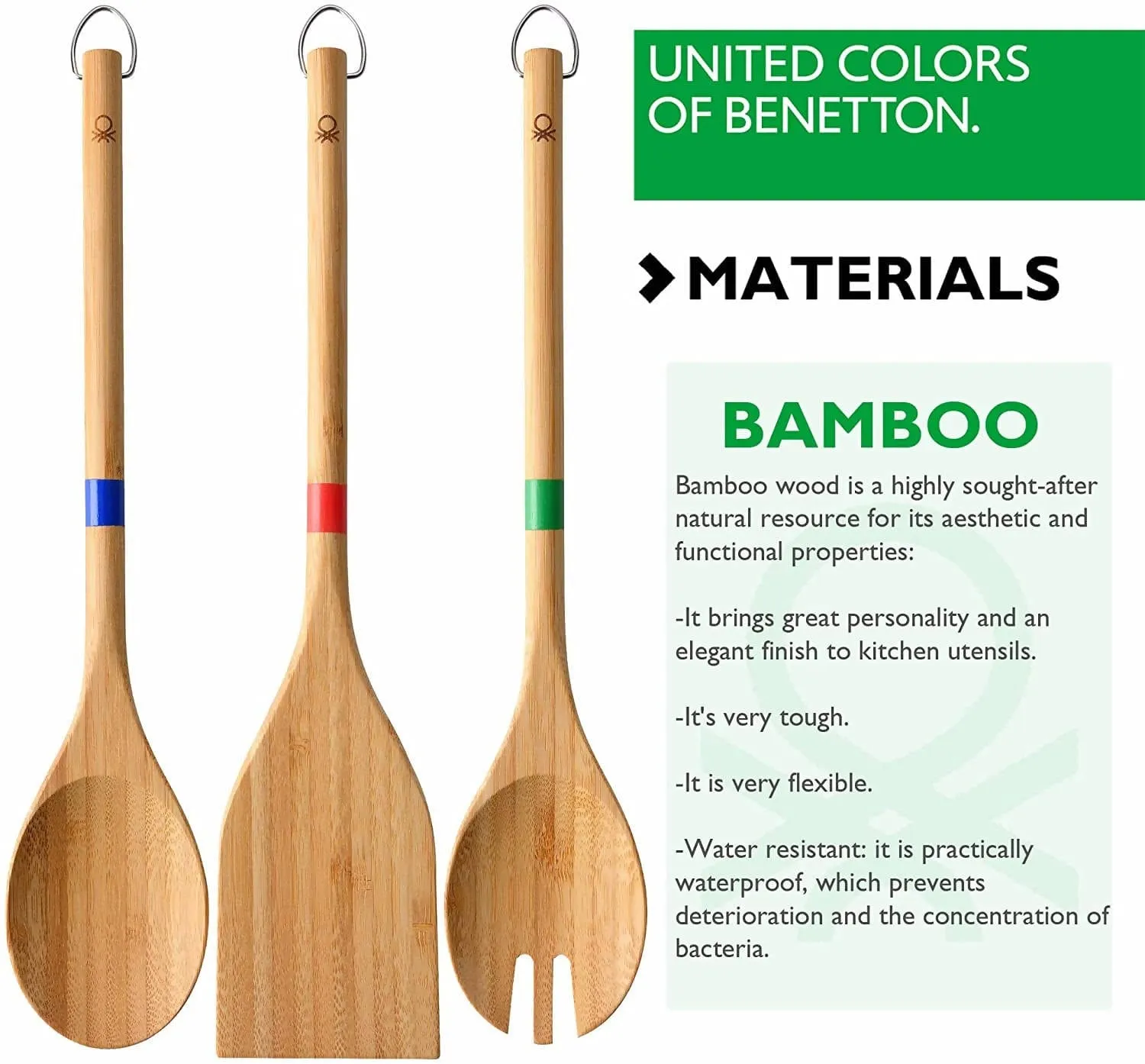 Bennetton Set of 3 Bamboo Kitchen Utensils can be used on any nonstick cookware and is ideal for stir-frying, sauteing, deep frying, steaming and parboiling, scooping rice and more - 0364