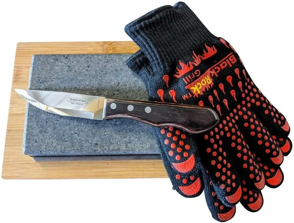 Black Rock Grill Steak Stone Cooking Experience - Premium Gift Set with Steak Knife, and Protective Gloves