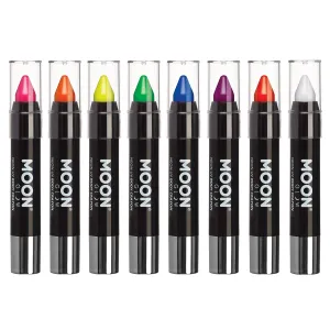 Blacklight Neon Face Paint Stick / Body Crayon makeup for the Face & Body - Intense set of 8 colours - Glows brightly under blacklights