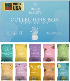 Body Restore Shower Steamers Aromatherapy 30 Pack - Gifts for Dad, Grandpa, Birthday Gift for Mom, Daughter, Son, Best Friend, Travel Essentials, Stress Relief, Self Care - Collector’s Box