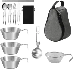 Bowl Outdoor Cookware Set 500ml LSteel CamBowl with Strainer Ladle Soup Spoon Flatware
