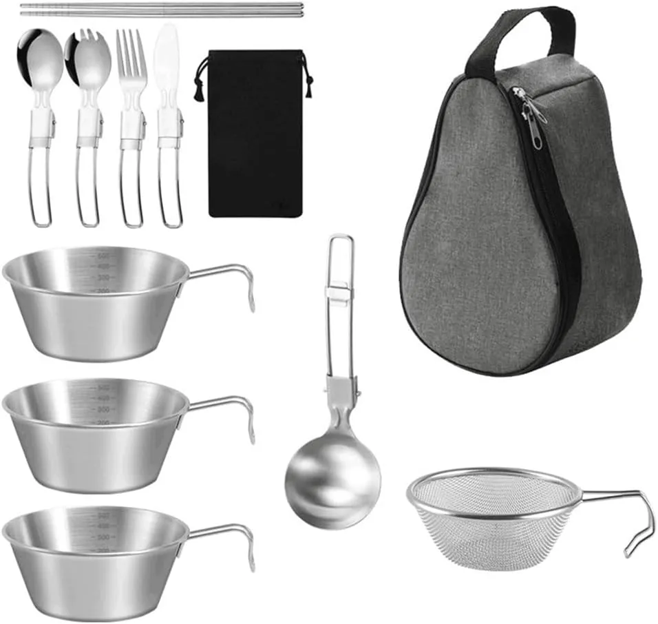Bowl Outdoor Cookware Set 500ml LSteel CamBowl with Strainer Ladle Soup Spoon Flatware