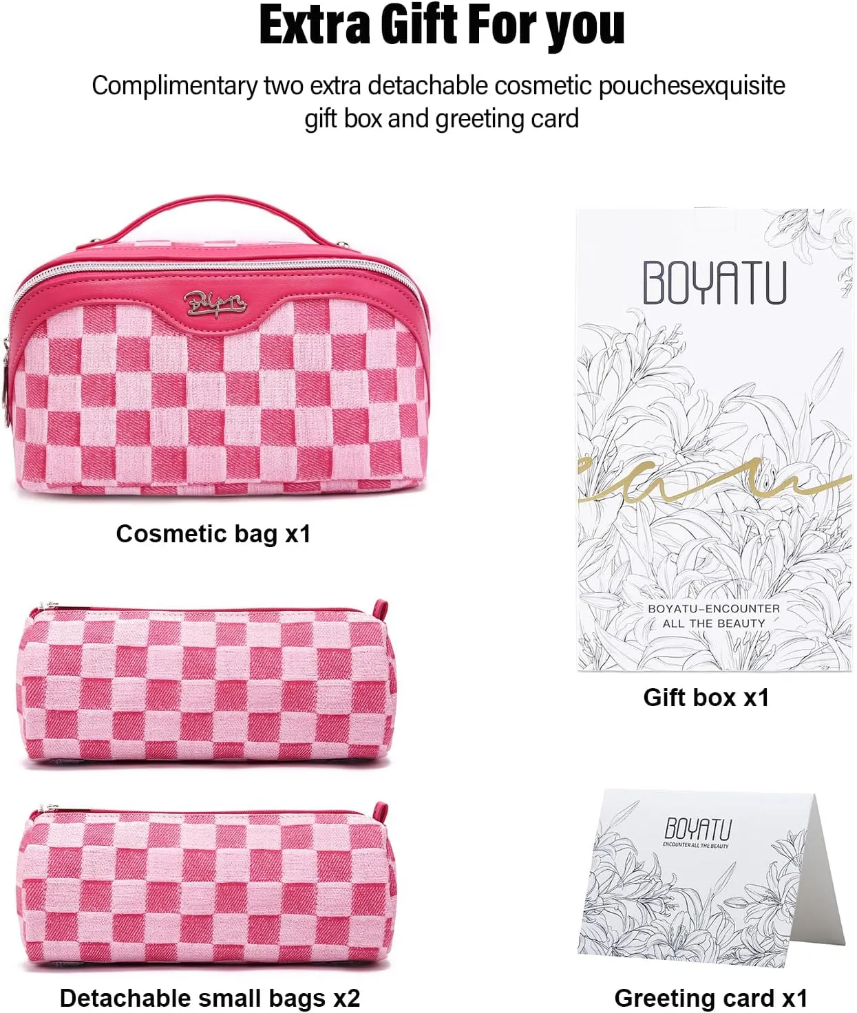 BOYATU Travel Makeup Bag for Women: Large Cosmetic Bag Set of 3 - PU Leather Make up Bag with Compartments - Compact Waterproof Toiletry Bag with Divider & Handle (09Red)