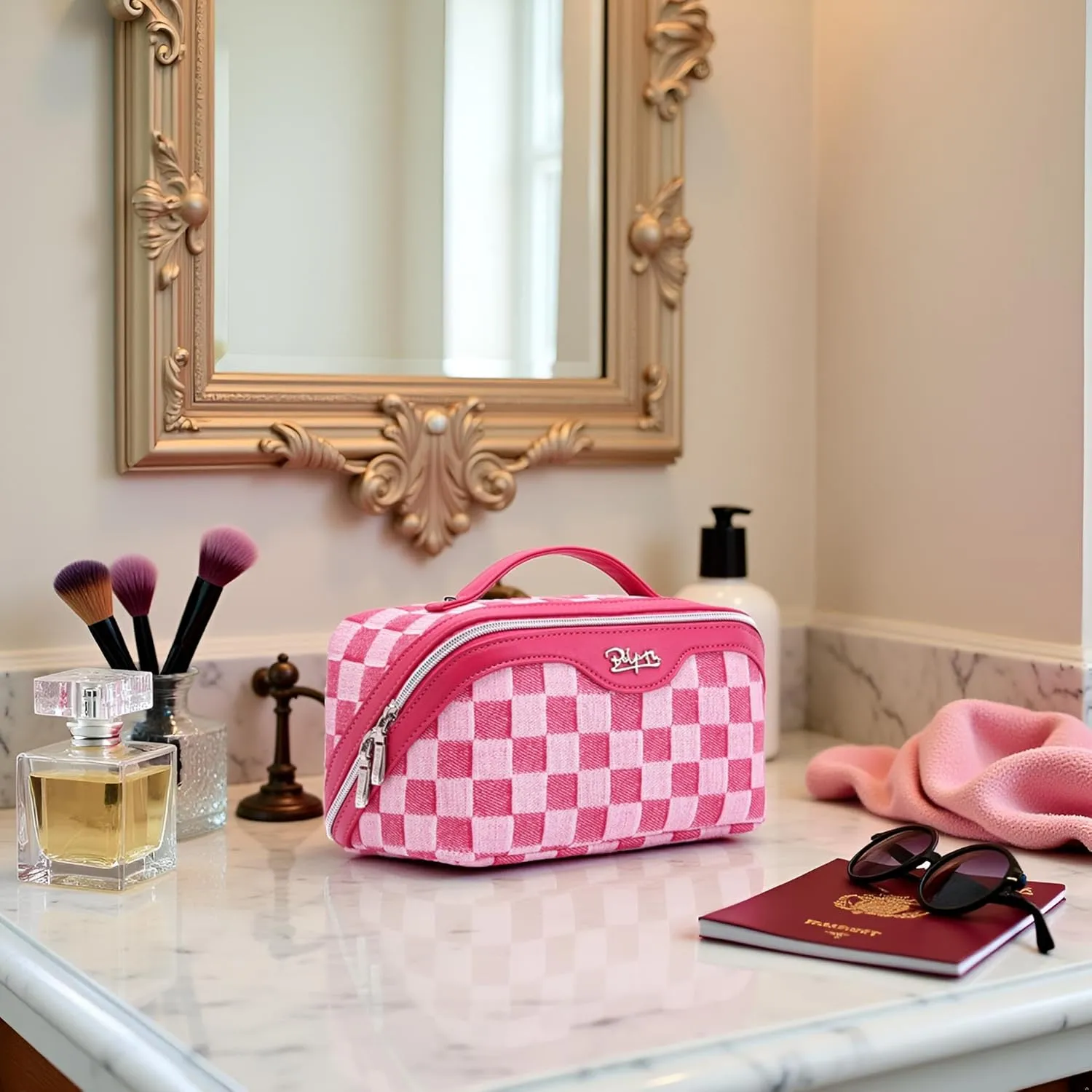 BOYATU Travel Makeup Bag for Women: Large Cosmetic Bag Set of 3 - PU Leather Make up Bag with Compartments - Compact Waterproof Toiletry Bag with Divider & Handle (09Red)