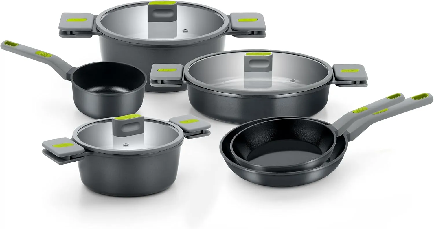 BRA COOKWARE Life 10 Piece Cookware Set | Recycled Cast Aluminum Kitchenware Set | 2 Pots, 1 Sauté Pan, 2 Pans, 1 Saucepan, 4 Lids | Ceramic Non-Stick Coating | All Stovetos | PFOA Free