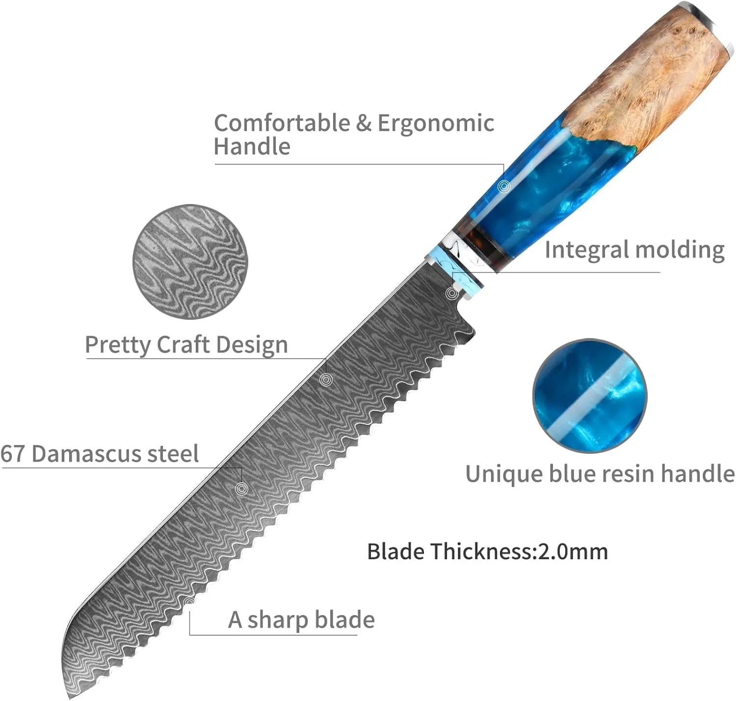 Bread Knife, Damascus Multifunction Serrated Knife, Professional Japanese VG10 Damascus Steel Bread Knife,Serrated Cake Knife Bread Cutter for Homemade Crusty Bread
