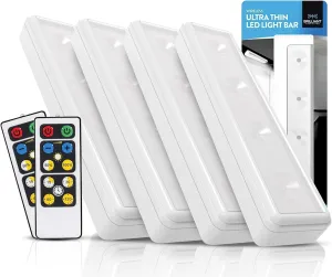 Brilliant Evolution 0.6" Ultra-Thin Wireless Under Cabinet Lights - 4 Pack, Battery-Operated LED Fixtures with 2 Remotes 3000K Warm White Stick-On Lighting, Timer Included for Kitchen and Counter