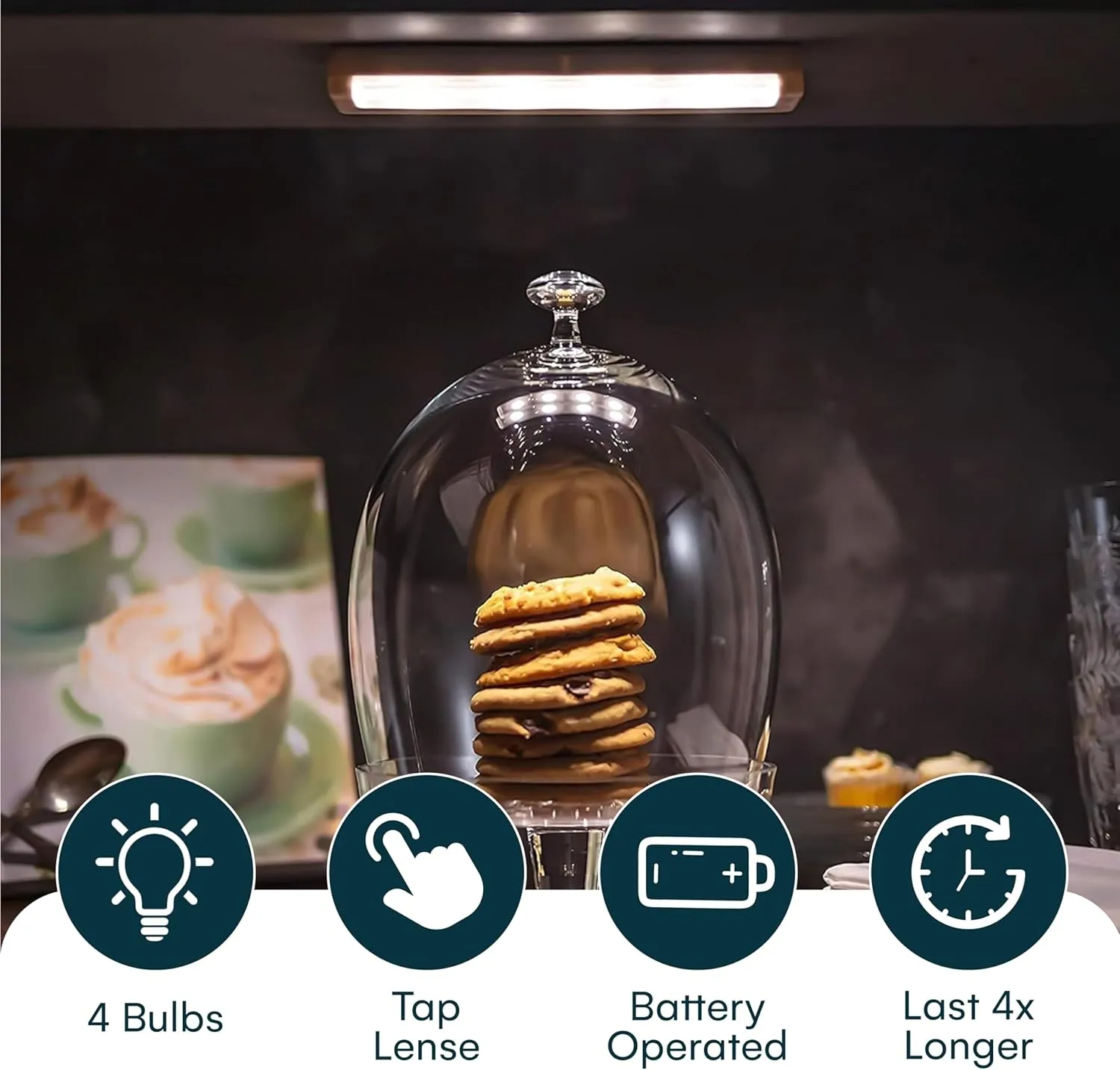 Brilliant Evolution 0.6" Ultra-Thin Wireless Under Cabinet Lights - 4 Pack, Battery-Operated LED Fixtures with 2 Remotes 3000K Warm White Stick-On Lighting, Timer Included for Kitchen and Counter