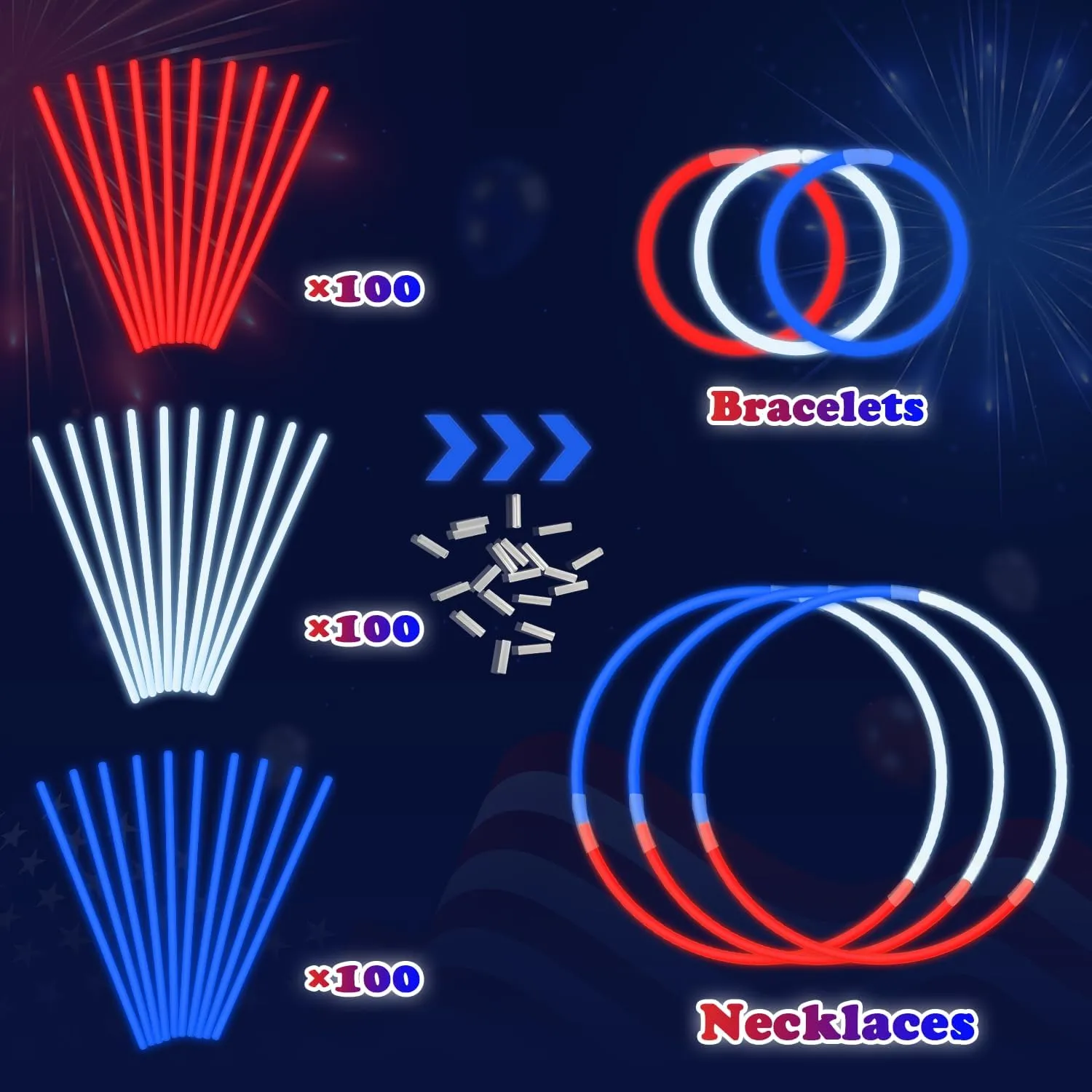 Bulk Patriotic Red White Blue Glow Sticks 300 PCS,Light Up Bracelets Necklaces Accessories for Kids,Glow Party Favors Supplies Decorations for Independence Day, Fourth 4 of July Parade, Birthday, Pool