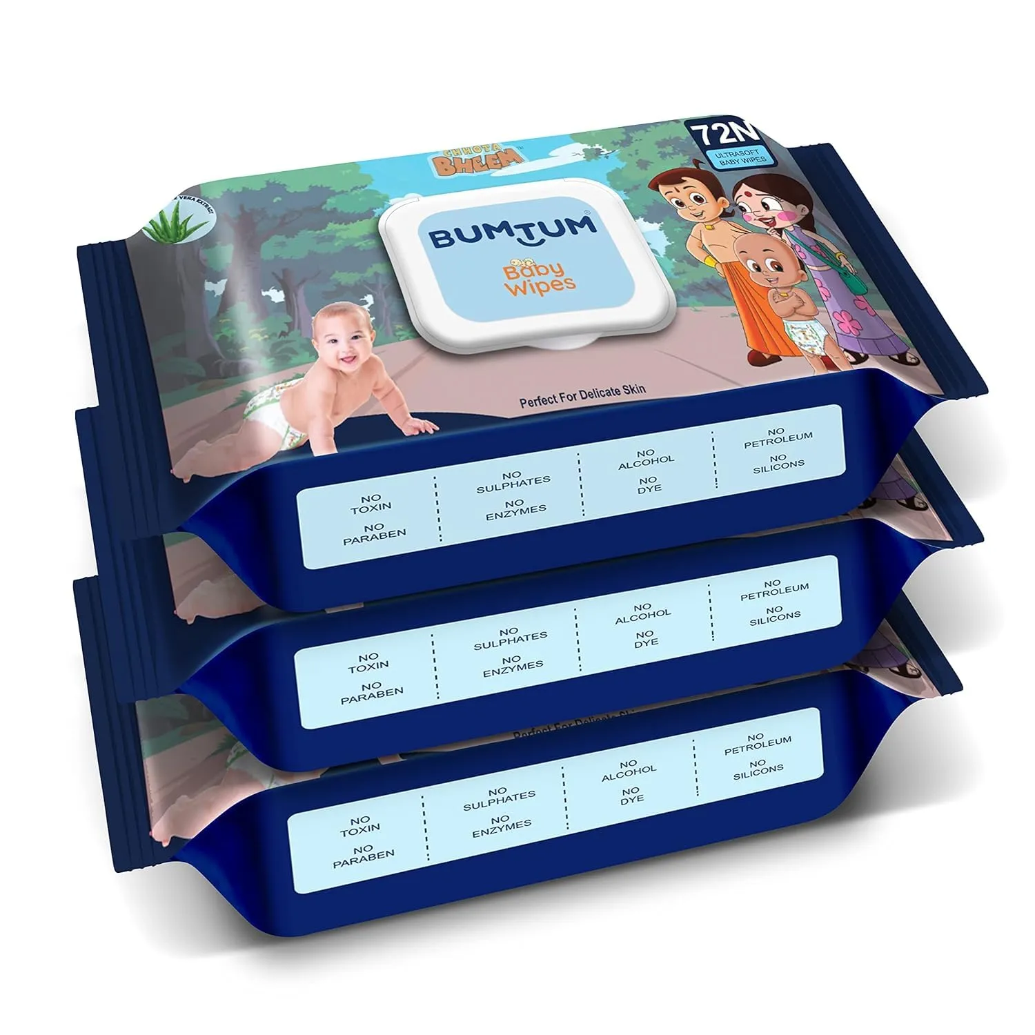 Bum tum Baby Chota Bheem Gentle Soft Moisturizing Wet Wipes With Lid | 20 X 14Cm, Aloe Vera & Chamomile Extracts | Paraben & Sulfate Free (Pack of 3, 72 Pcs. Per Pack)
