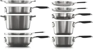 Calphalon Select 10-Piece Stackable Space Saving Dishwasher and Oven Safe Stainless Steel Cookware Set with Flat Glass Covers and Stay Cool Handles