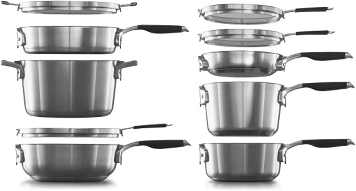 Calphalon Select 10-Piece Stackable Space Saving Dishwasher and Oven Safe Stainless Steel Cookware Set with Flat Glass Covers and Stay Cool Handles