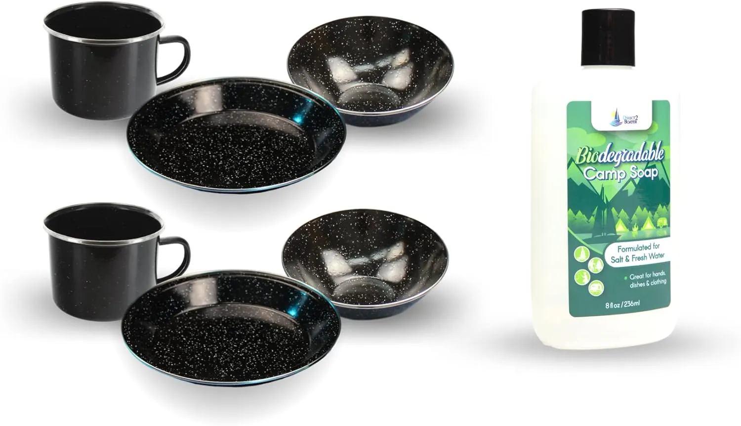 Camping Dinnerware Set with Camp Soap - 2-Person Set, 7 Items - 2 ea of 16 oz Mugs, 7.5" Bowls & 10" Plates Metal w/Black Enamel Finish