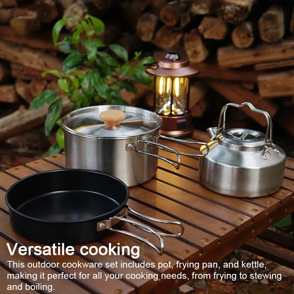 Camping Hiking Cookware Set Outdoor Portable Picnic Cookware Kit Stainless Steel Pot Frying Pan Kettle Set Travel Cooking Accessory