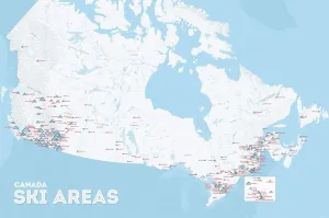 Canada Ski Resorts Map 24x36 Poster (White & Light Blue)