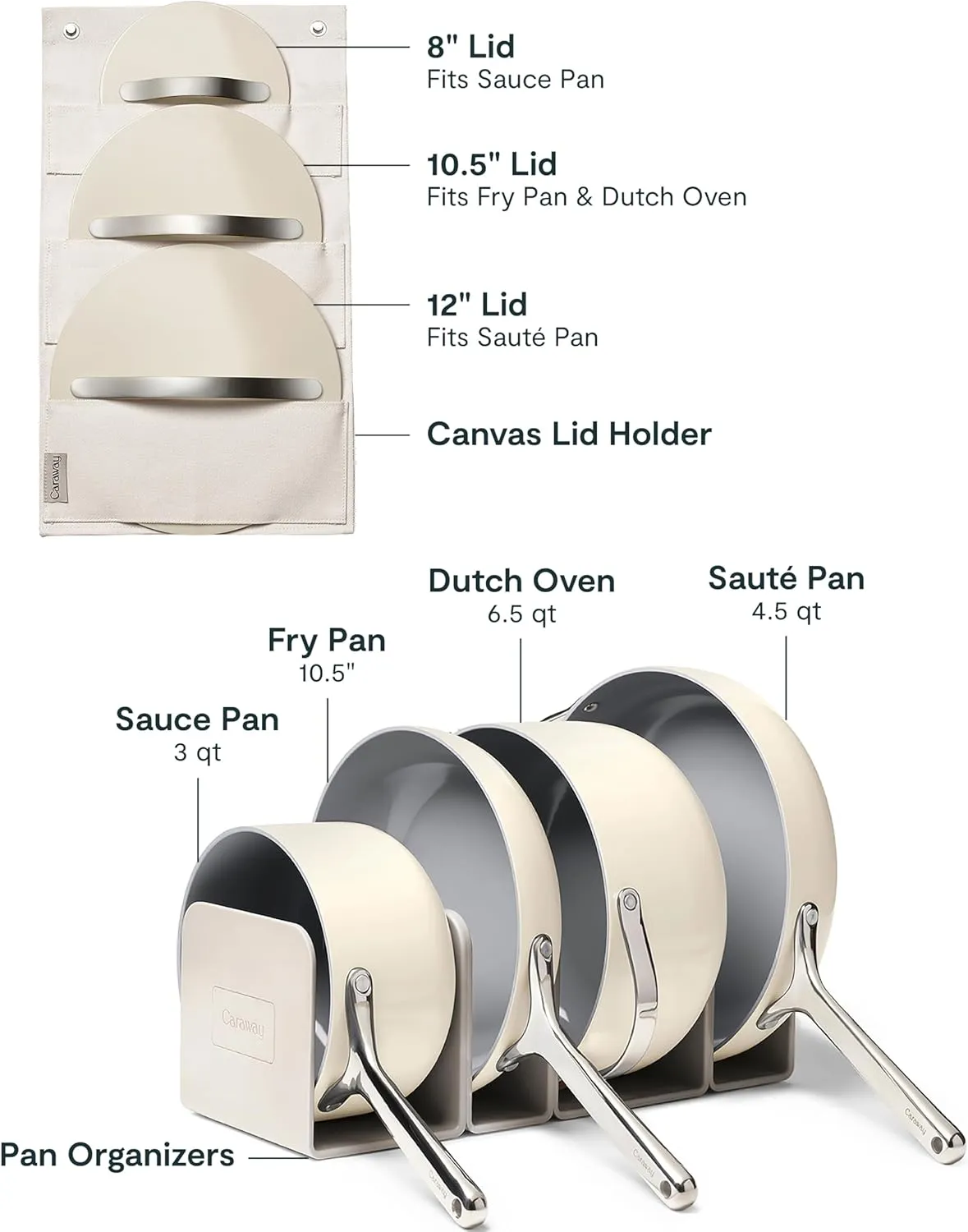Caraway Nonstick Ceramic Cookware Set (12 Piece) Pots, Pans, 3 Lids and Kitchen Storage - Non Toxic - Oven Safe & Compatible with All Stovetops - Cream