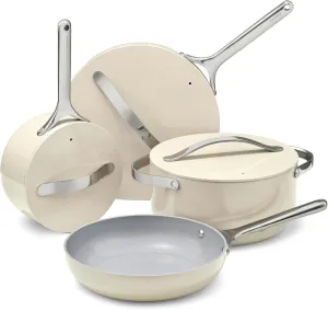 Caraway Nonstick Ceramic Cookware Set (12 Piece) Pots, Pans, 3 Lids and Kitchen Storage - Non Toxic - Oven Safe & Compatible with All Stovetops - Cream