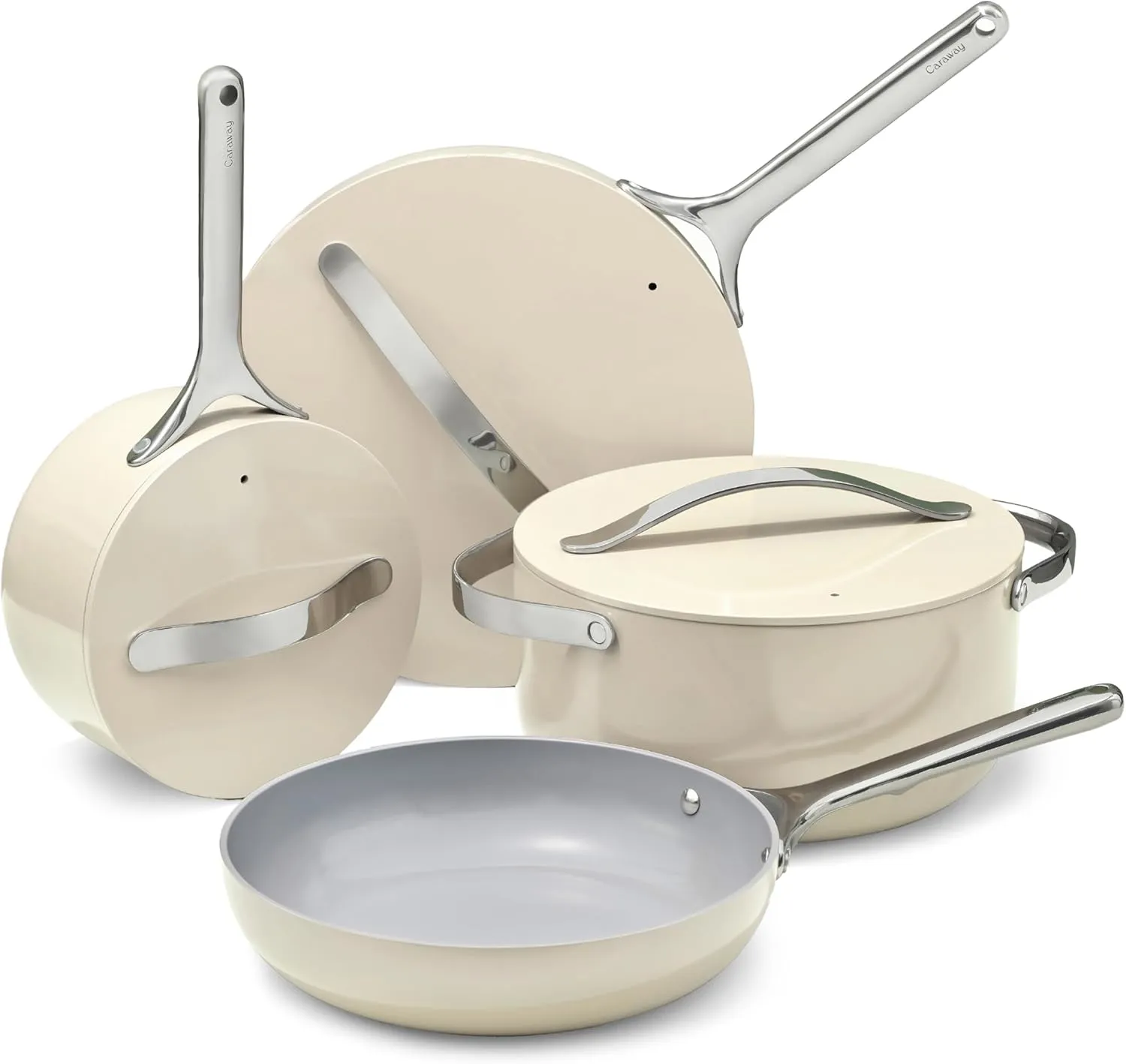 Caraway Nonstick Ceramic Cookware Set (12 Piece) Pots, Pans, 3 Lids and Kitchen Storage - Non Toxic - Oven Safe & Compatible with All Stovetops - Cream