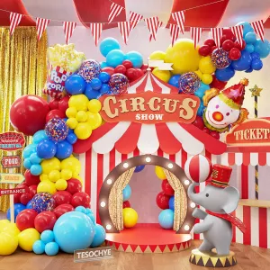 Carnival Circus Balloon Arch Garland Kit, 140 pcs Red Blue Yellow Popcorn Clown Balloons with 32ft Red and White Striped Pennant Banner for Circus Theme Birthday Party Decorations Carnival Decor